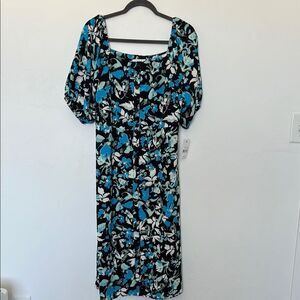 Ophelia Roe Floral Button Front Midi Dress Blue Size Large NWT